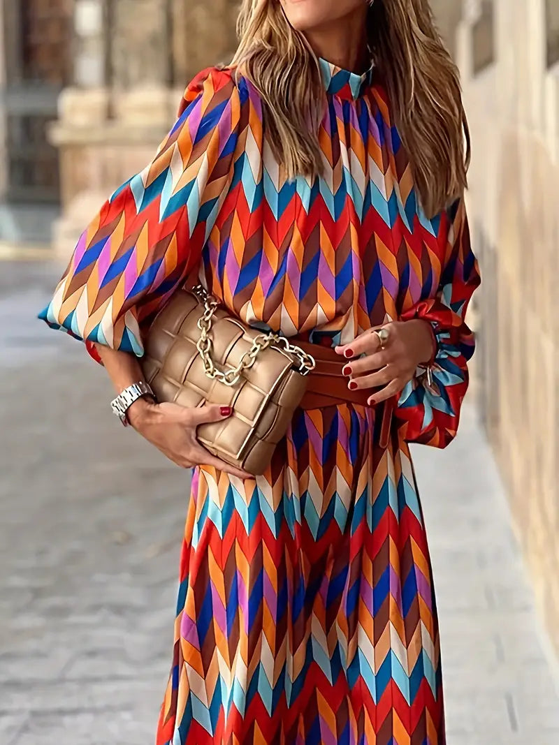 Molly Robe Femme – Élégante Robe Midi avec Manches Bouffantes, Imprimé Intégral & Col Montant