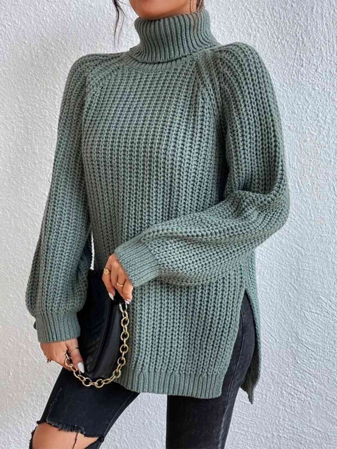 Angela Pull Femme – Pull à Col Roulé Côtelé avec Fente Latérale Chic pour Automne/Hiver Élégant