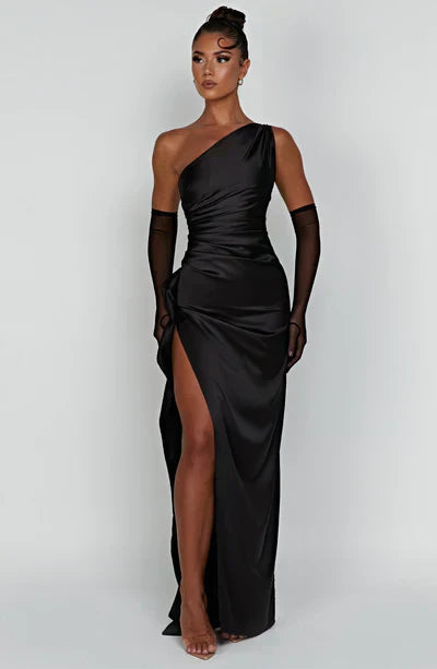 Alisha Robe de Soirée Femme – Robe Asymétrique en Satin de Luxe avec Fente Haute & Coupe Élégante