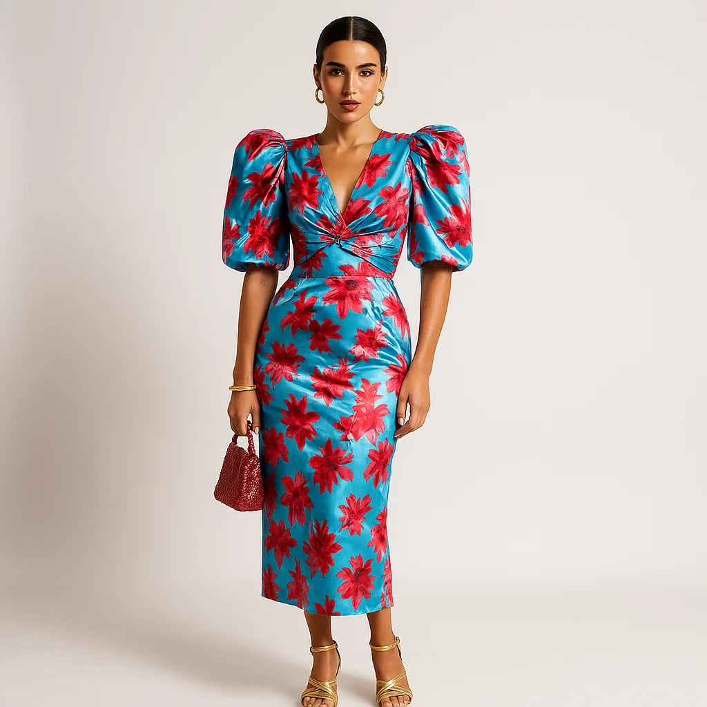 Abito stampato da donna Carol - Maniche a sbuffo, stile audace ed elegante