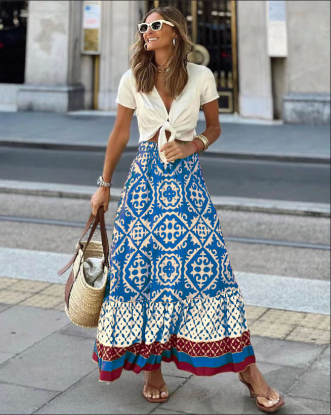 Alice Jupe Longue Femme – Jupe Fluide à Motif Géométrique avec Taille Élastique Confortable