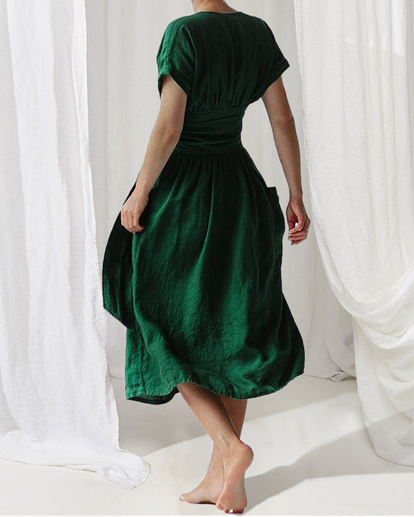 Abito in lino da donna Savannah - Abito avvolgente a maniche corte con vestibilità elegante e rilassata