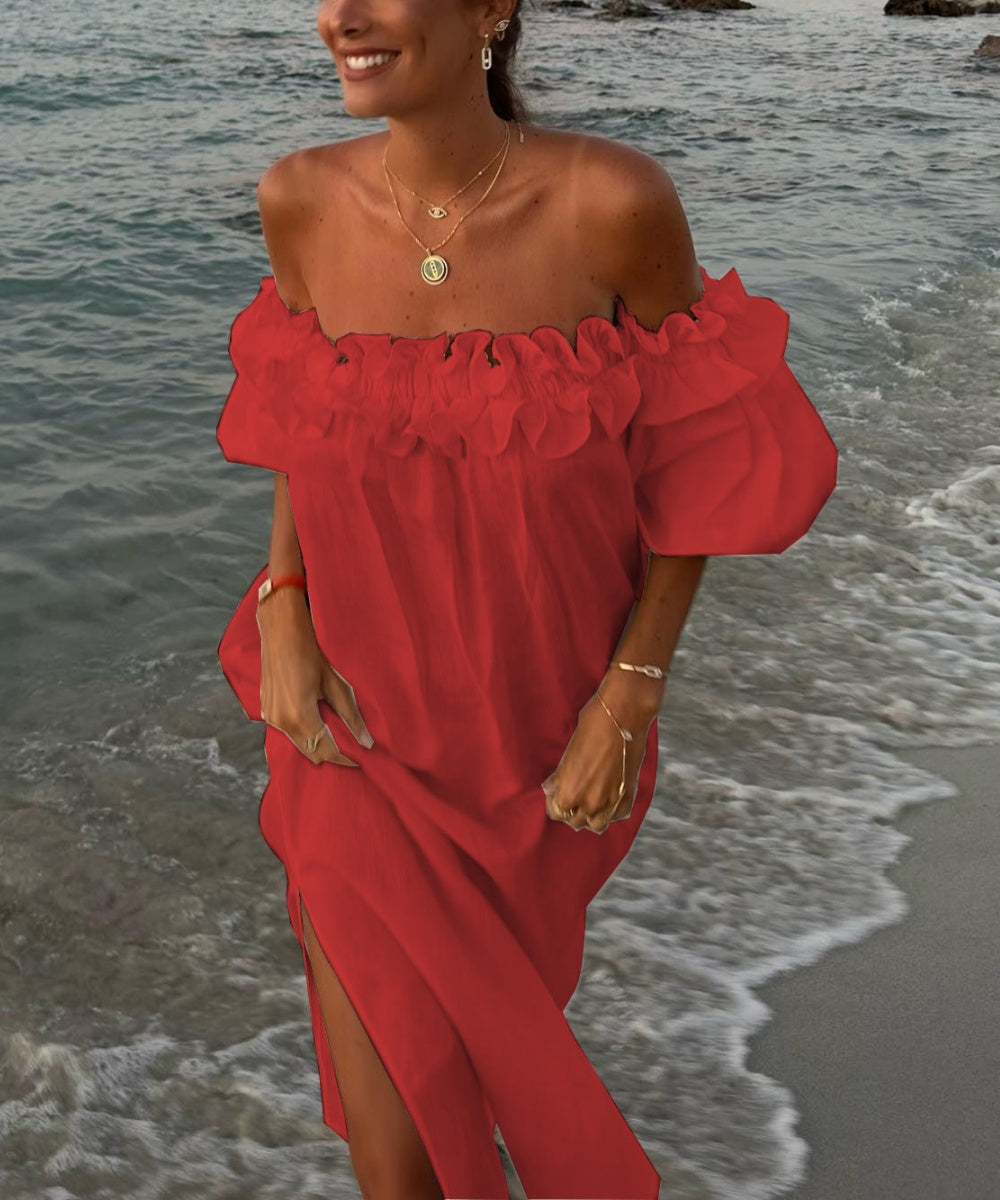 Abito lungo da donna Valentina – Abito in cotone boho con spalle scoperte, volant e scollo Bardot