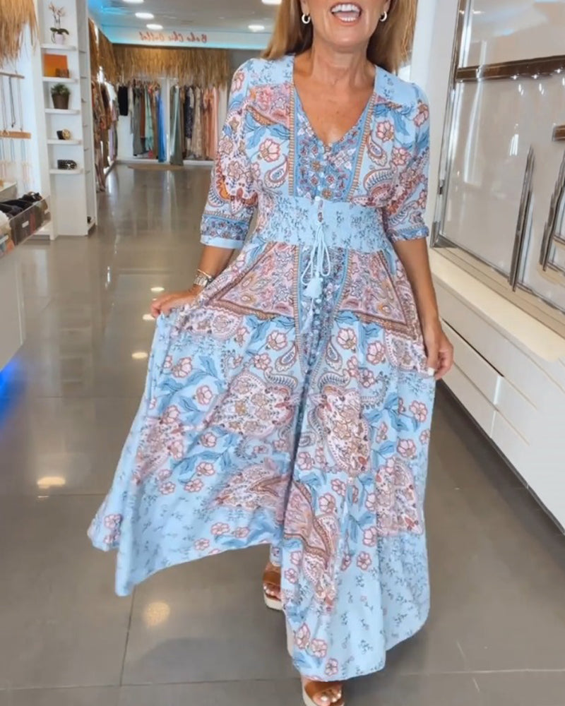 Abito da festa da donna Yelena - Abito arioso con scollo a V, maniche a 3/4 e vestibilità elegante