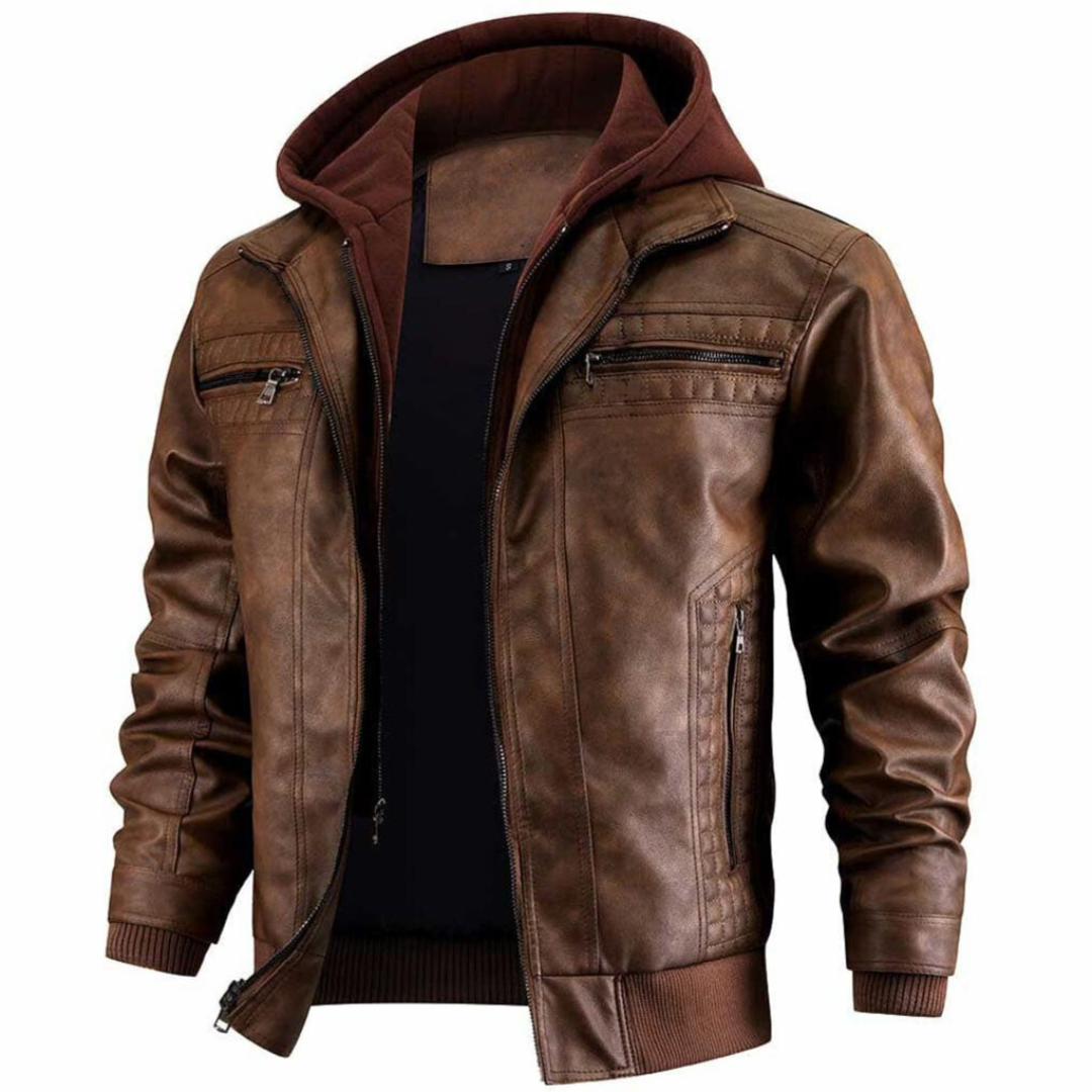 Jace Veste Hombre en Cuero – Estilo Moto Retro con Capucha y Cierre con Cremallera