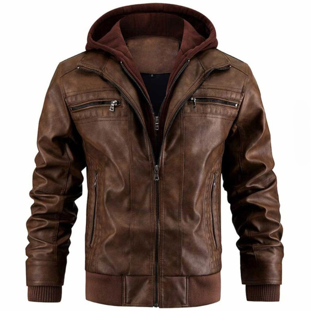 Jace Veste Hombre en Cuero – Estilo Moto Retro con Capucha y Cierre con Cremallera