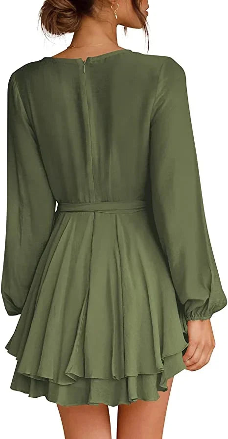 Cléo Robe Femme Courte – Robe Évasée avec Col en V, Ceinture & Manches Longues