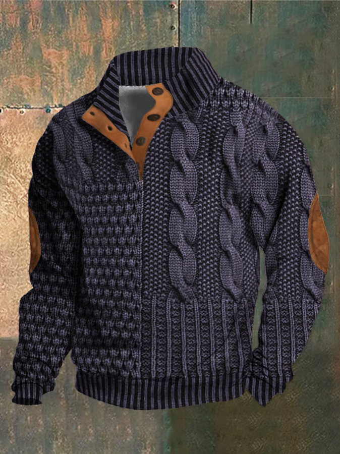 Ramon Pull à Torsades pour Homme – Pull Automne à Col Montant Boutonné en Maille Douce