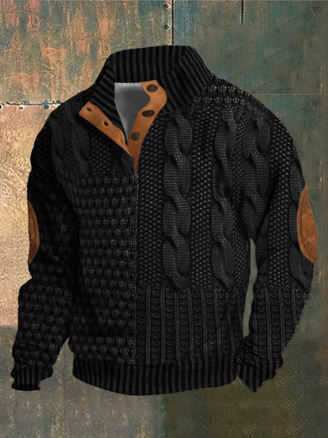 Ramon Pull à Torsades pour Homme – Pull Automne à Col Montant Boutonné en Maille Douce