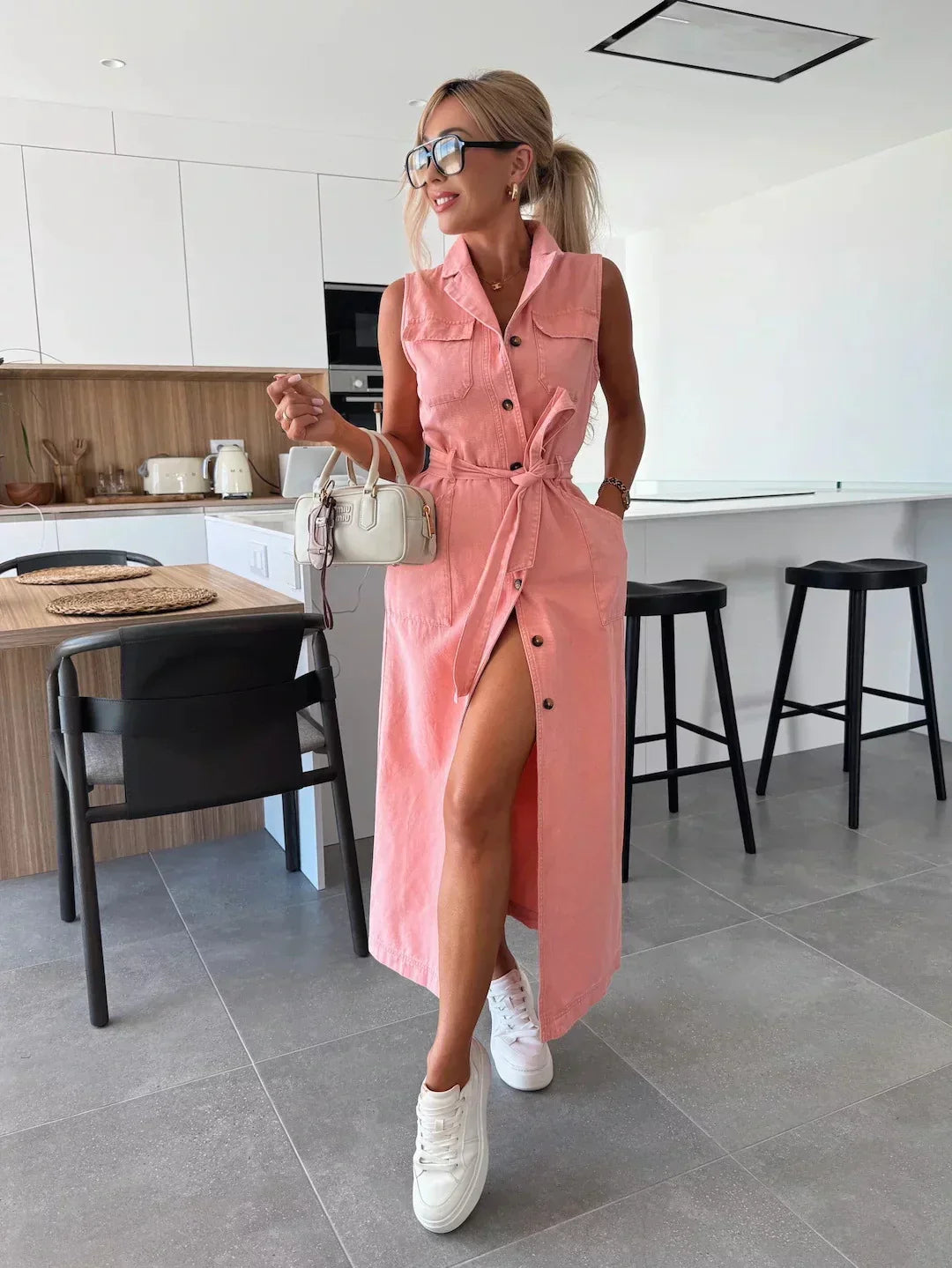 Mirella Robe Longue en Jean – Maxi Dress en Denim Souple avec Bretelles Réglables