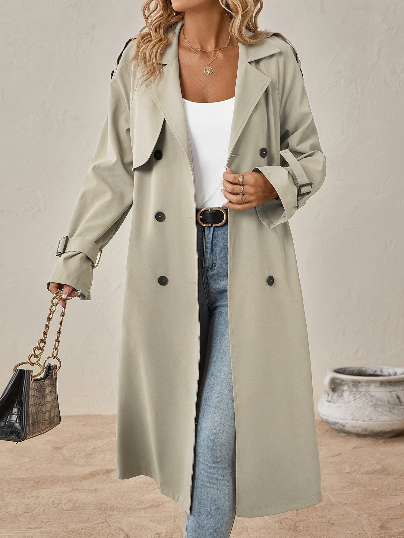 Eshita Trench pour femme – Manteau long élégant en mélange de coton avec coupe structurée & fermeture à boutons