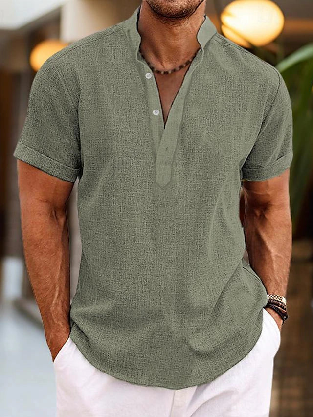 Camicia in lino da uomo Silas - Camicia estiva traspirante con collo Henley e maniche corte