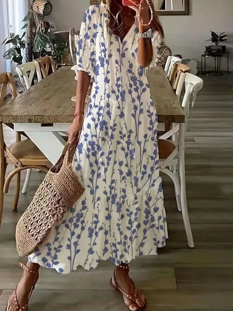 Robe Bohème Femme Charm – Élégante Robe d’Été à Volants avec Col en V & Motif Ikat