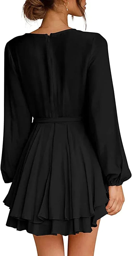 Cléo Robe Femme Courte – Robe Évasée avec Col en V, Ceinture & Manches Longues