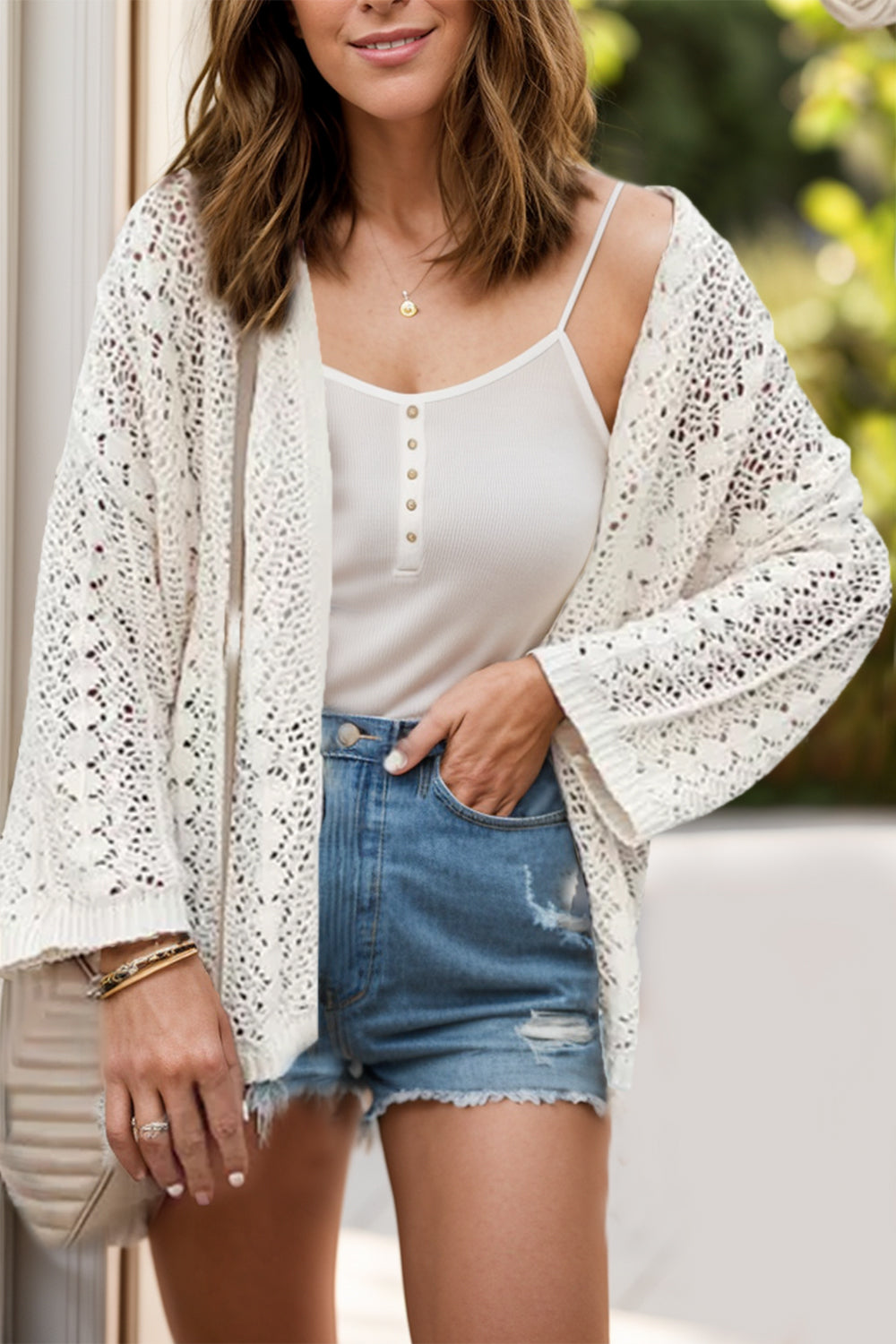 Cardigan all'uncinetto da donna Sienna - Cardigan leggero traforato con stile boho e vestibilità estiva