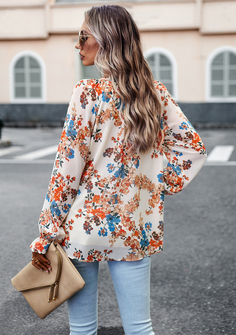 Aaliyah Blouse Femme – Haut Floral Léger à Manches Longues & Col en V pour Style Élégant