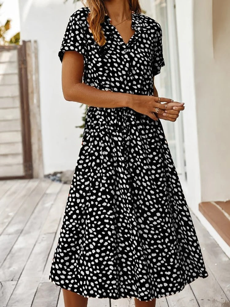 Abito estivo da donna Ulvienne - Abito midi a maniche corte con cintura in vita e stampa alla moda