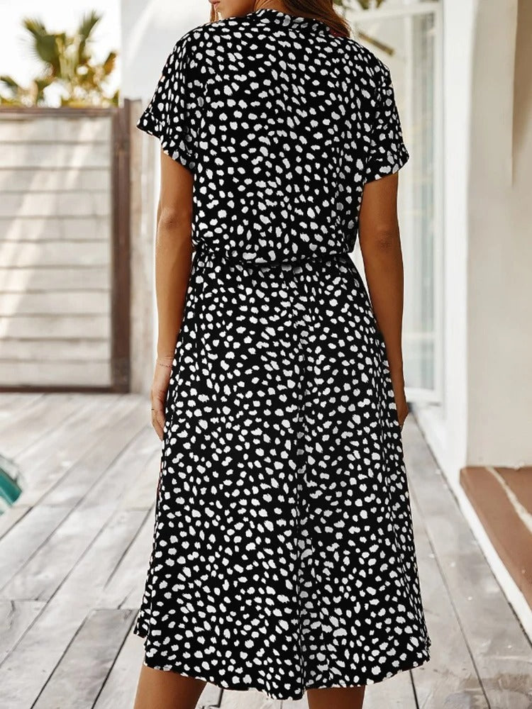 Abito estivo da donna Ulvienne - Abito midi a maniche corte con cintura in vita e stampa alla moda