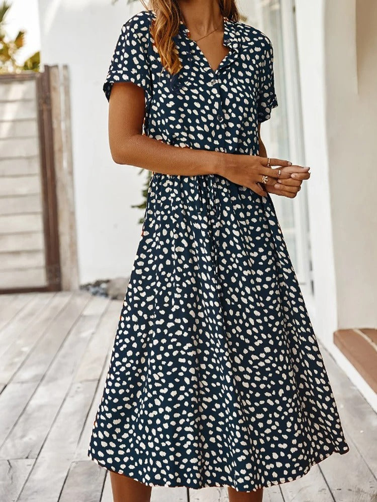 Abito estivo da donna Ulvienne - Abito midi a maniche corte con cintura in vita e stampa alla moda