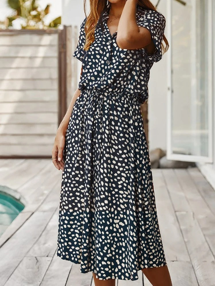 Abito estivo da donna Ulvienne - Abito midi a maniche corte con cintura in vita e stampa alla moda