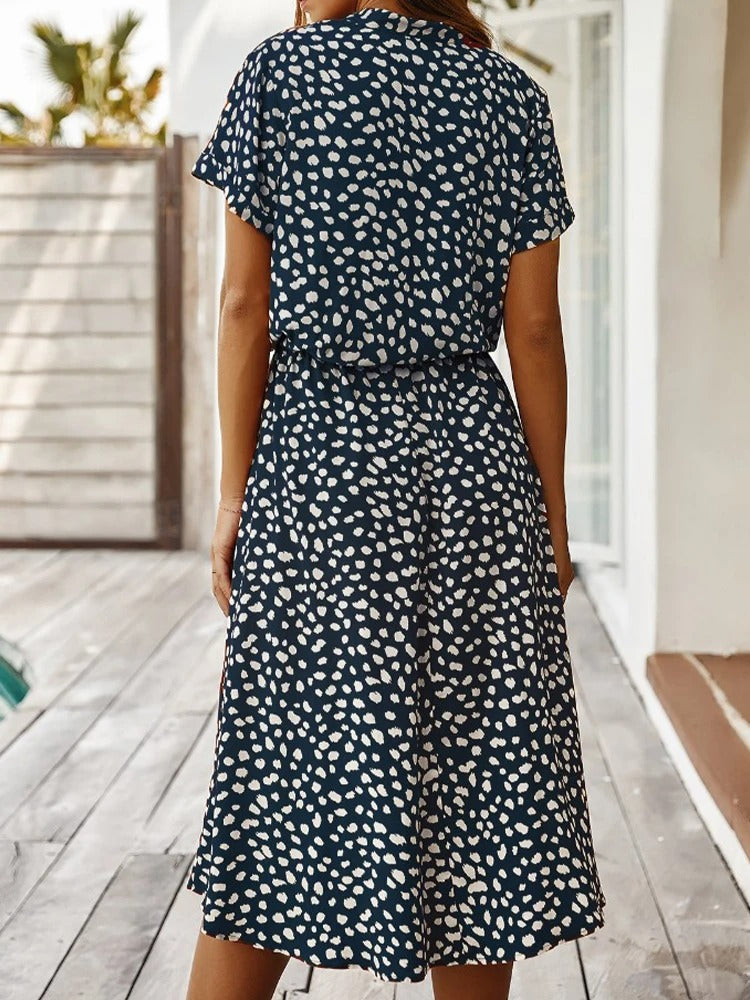 Abito estivo da donna Ulvienne - Abito midi a maniche corte con cintura in vita e stampa alla moda