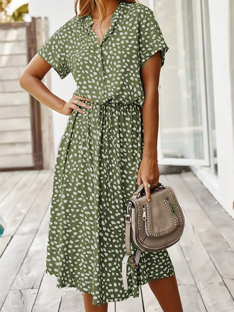 Abito estivo da donna Ulvienne - Abito midi a maniche corte con cintura in vita e stampa alla moda