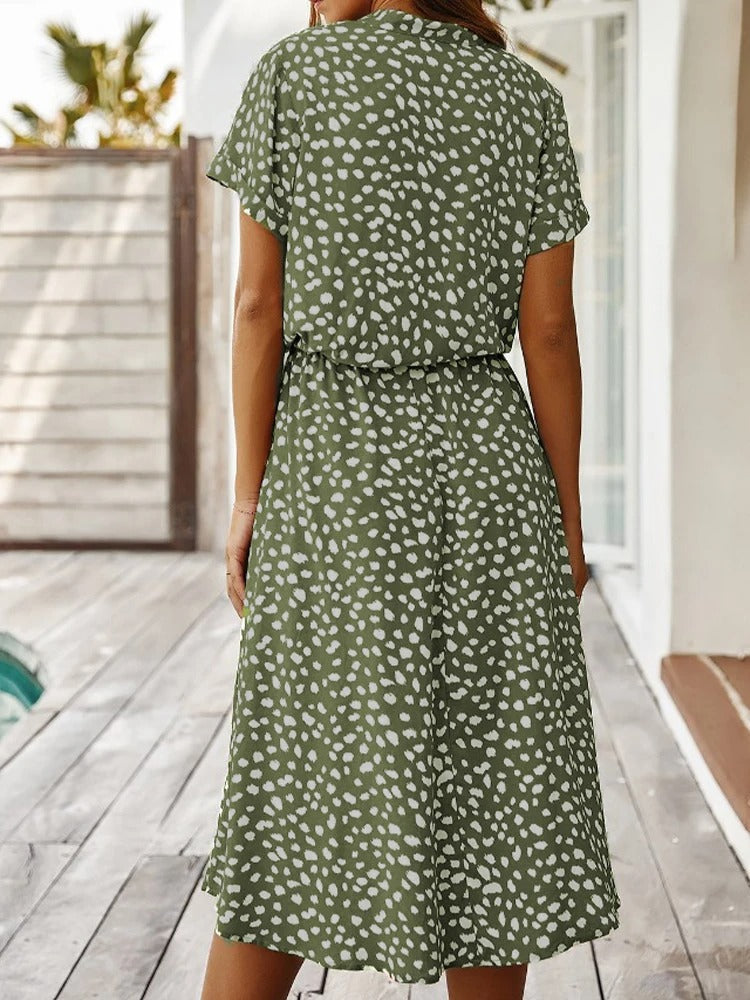 Abito estivo da donna Ulvienne - Abito midi a maniche corte con cintura in vita e stampa alla moda