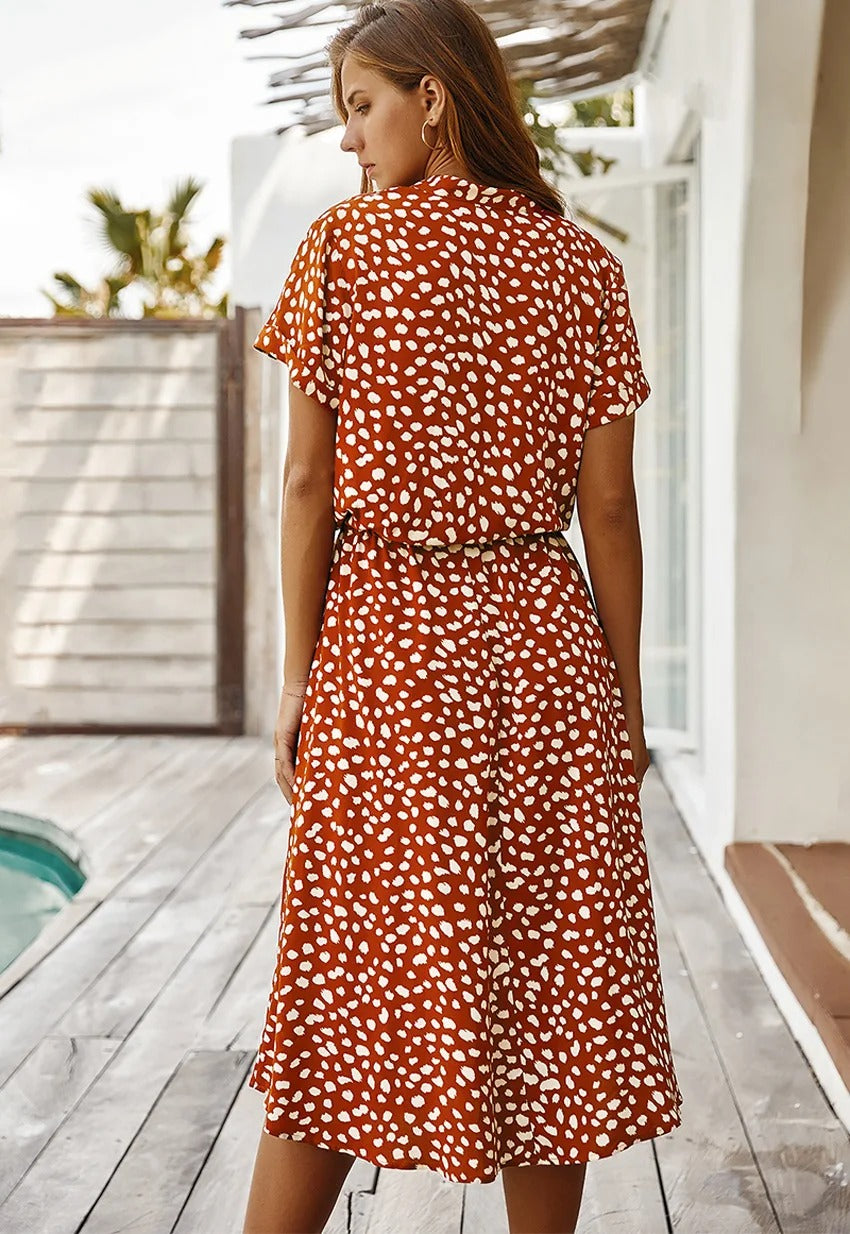 Abito estivo da donna Ulvienne - Abito midi a maniche corte con cintura in vita e stampa alla moda