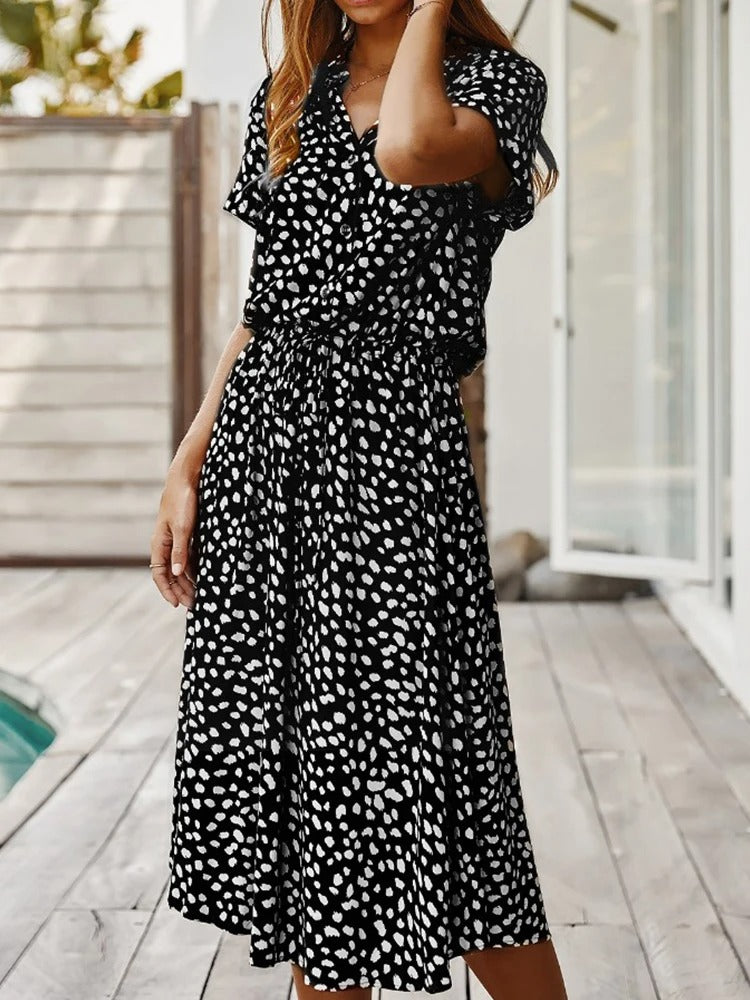 Abito estivo da donna Ulvienne - Abito midi a maniche corte con cintura in vita e stampa alla moda