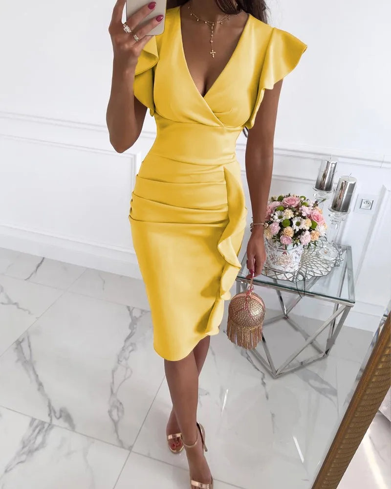 Robe Femme Elize Bodycon – Élégante Robe Ajustée avec Manches Papillon & Volants