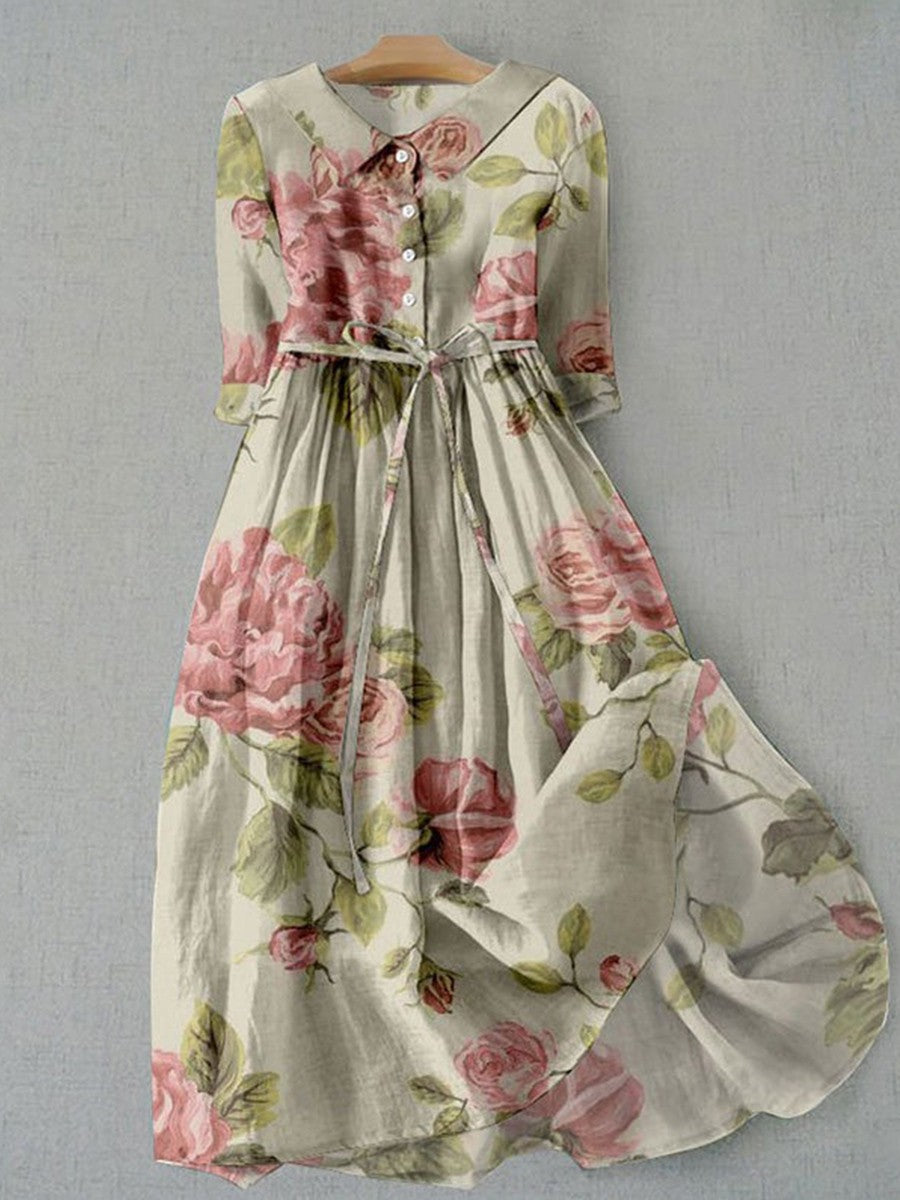 Abito estivo da donna Leah - Stampa floreale botanica vintage e colletto con revers, vestibilità comoda