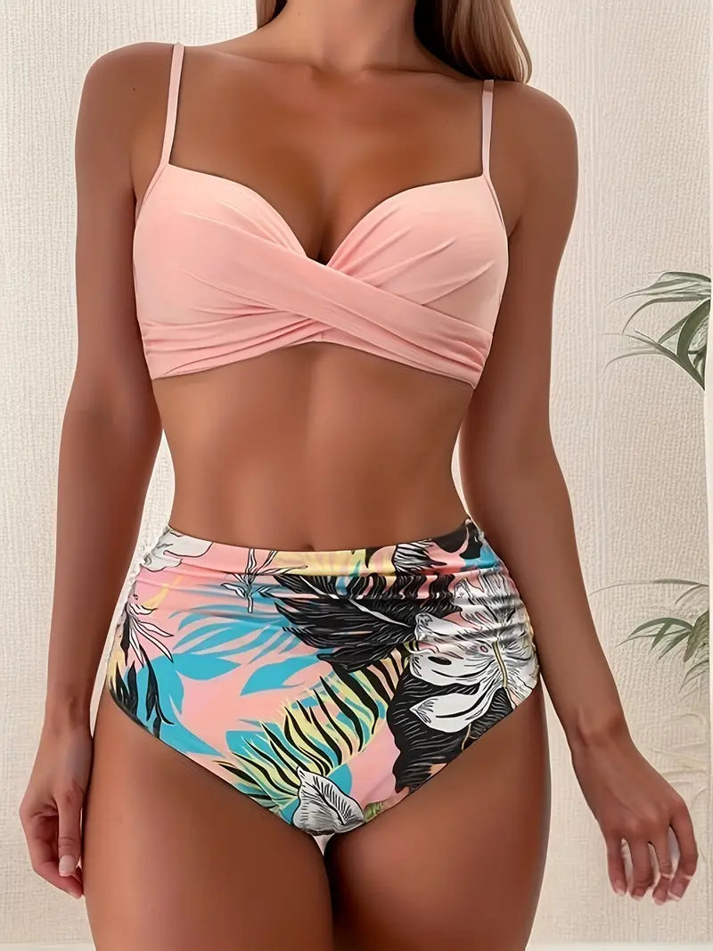Ensemble de bikinis pour femmes Cea - Maillot de bain tropical à col en V avec taille haute et coupe flatteuse