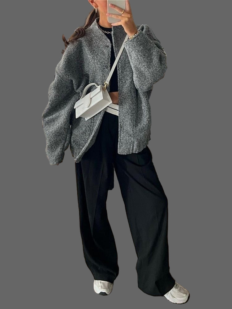 Mylah Blouson Bomber Bouclé Damen – Design Texturiert Oversize mit Diskretem Verschluss