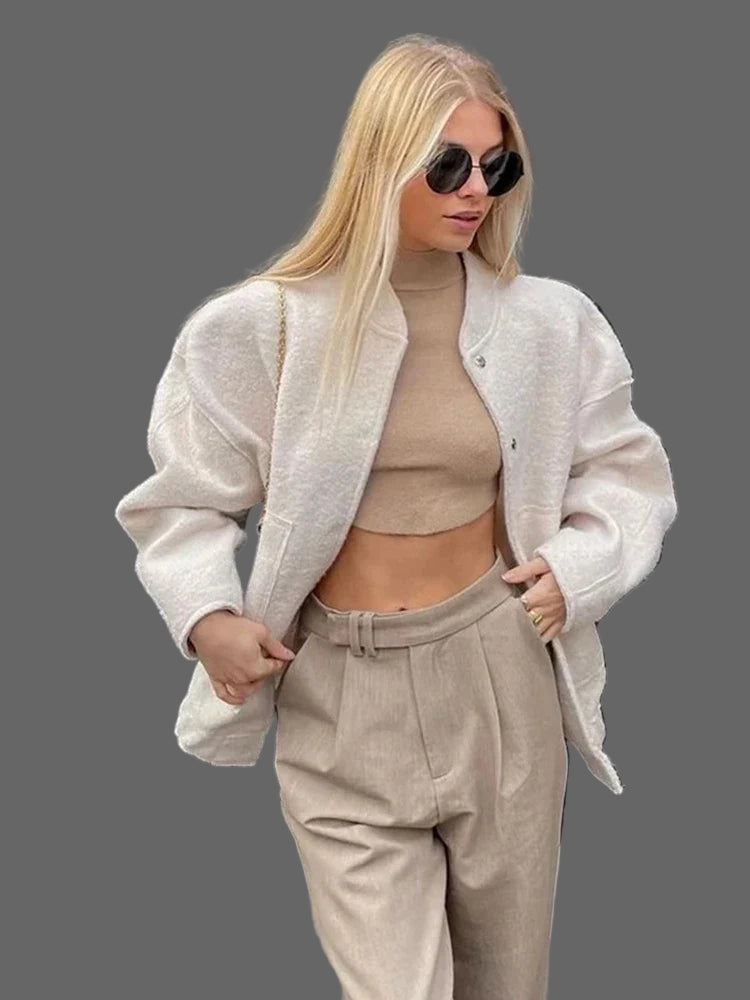 Mylah Blouson Bomber Bouclé Damen – Design Texturiert Oversize mit Diskretem Verschluss