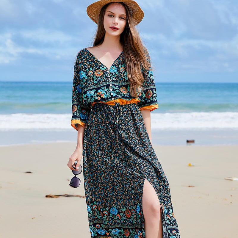 Abito lungo da donna Kayla – Abito floreale taglie forti con scollo a V, maniche lunghe e orlo asimmetrico