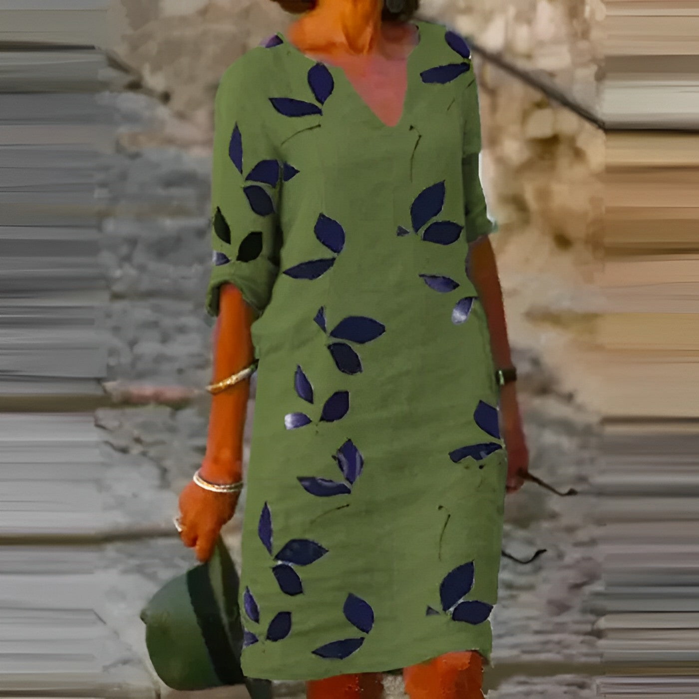 Abito estivo da donna - Elegante abito con stampa a foglie, scollo a V e maniche a 3/4 per le giornate calde