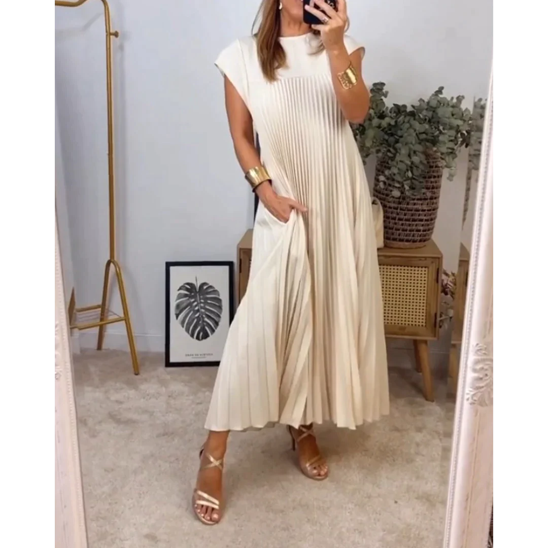 Esther Robe Sans Manches Femme – Robe Plissée Élégante Unicolore pour l’Été & les Sorties Chic
