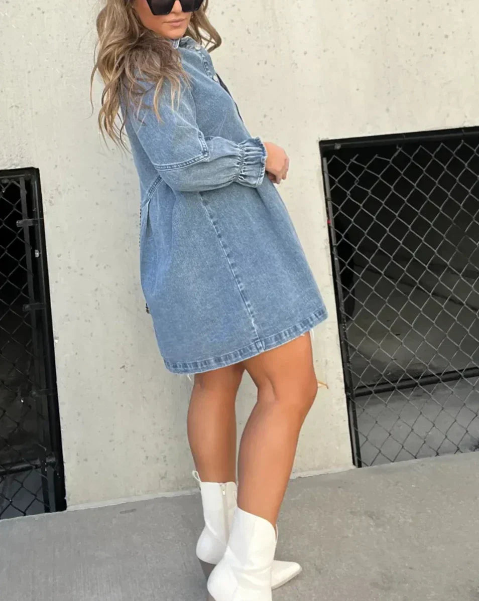 Abito in denim da donna Namy - Abito chemisier con colletto, maniche a 3/4 e taglio svasato