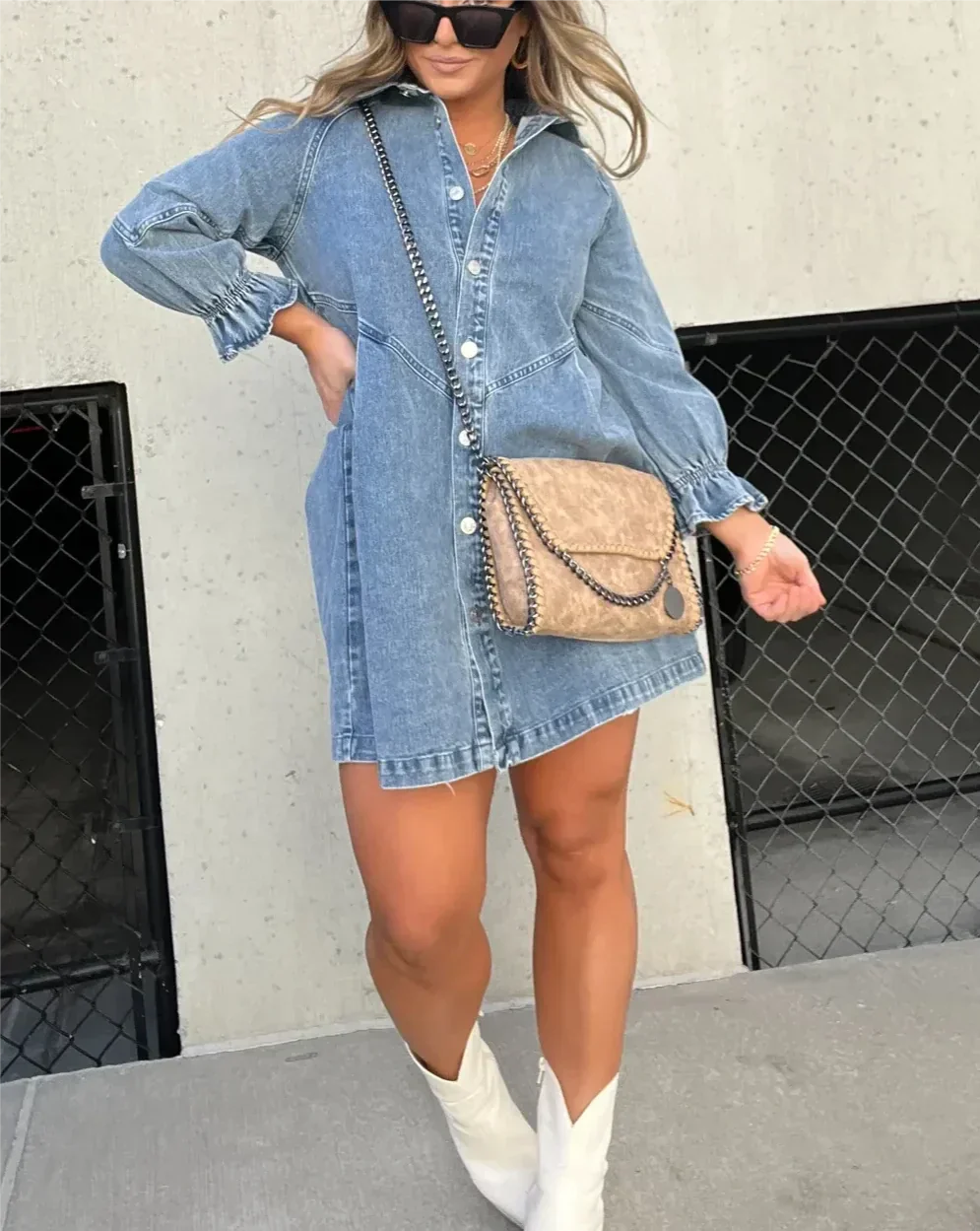 Abito in denim da donna Namy - Abito chemisier con colletto, maniche a 3/4 e taglio svasato