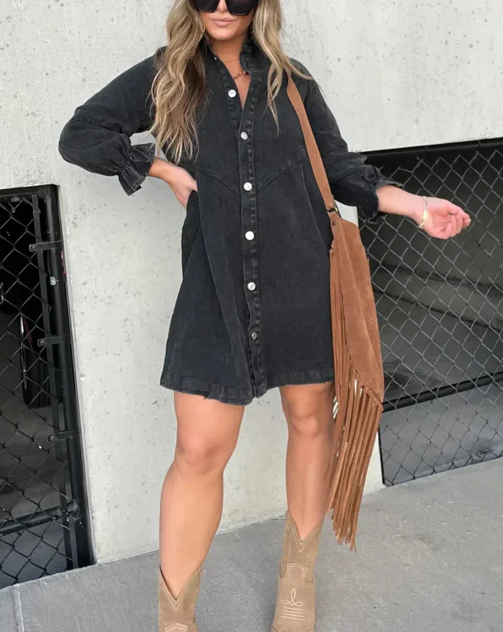 Abito in denim da donna Namy - Abito chemisier con colletto, maniche a 3/4 e taglio svasato