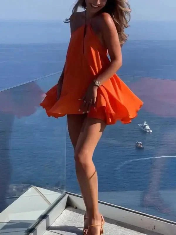Abito corto rosa da donna - Abito senza maniche a trapezio con schiena scoperta e scollo a V profondo