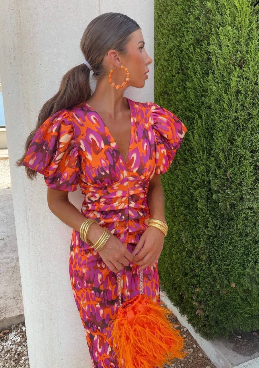 Abito midi stampato Sophie – Maniche a sbuffo e taglio elegante e aderente