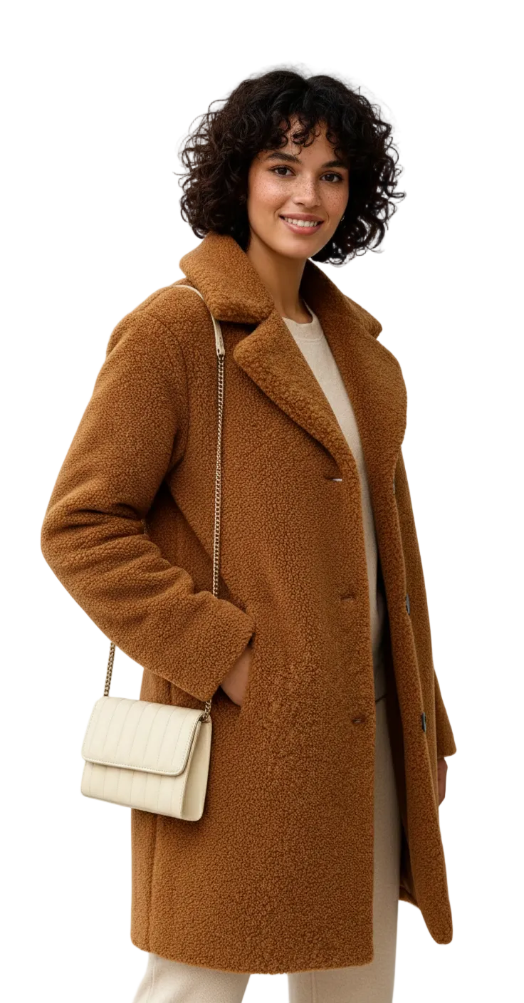 Mayleen Abrigo Teddy para Mujer – Chaqueta Suave y Cálida con Cuello de Solapa y Cierre de Botones