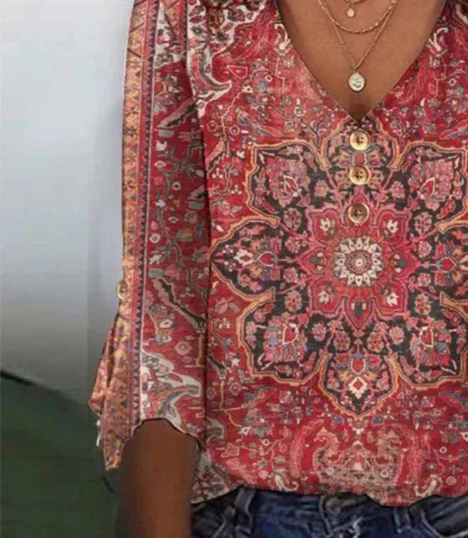 Brianna Camicetta bohémien da donna - Camicetta rosso rubino con stampa orientale e autentico stile boho