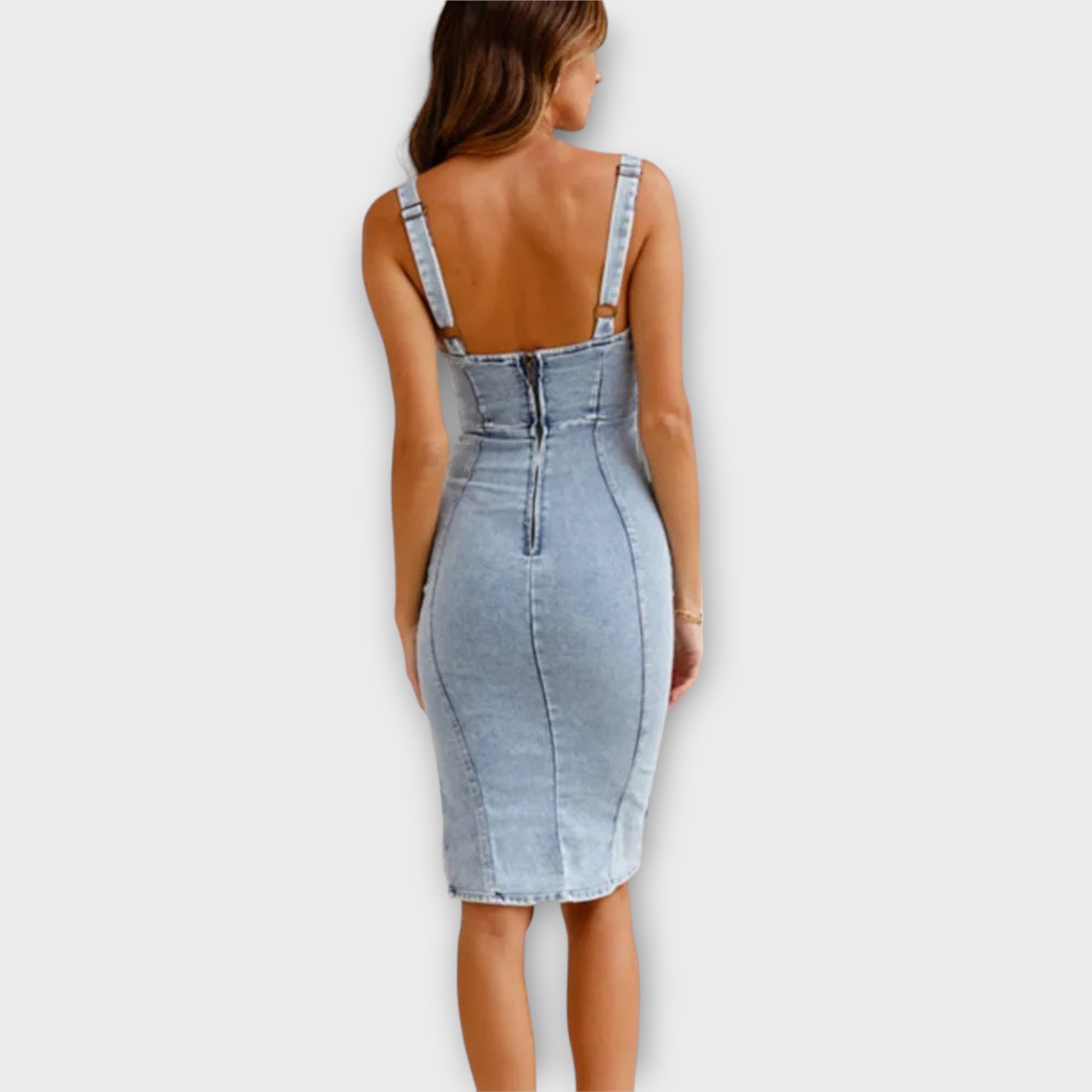 Ella Robe Midi Femme – Robe en Jean Vintage avec Fente Latérale, Bretelles Réglables & Confort Stretch