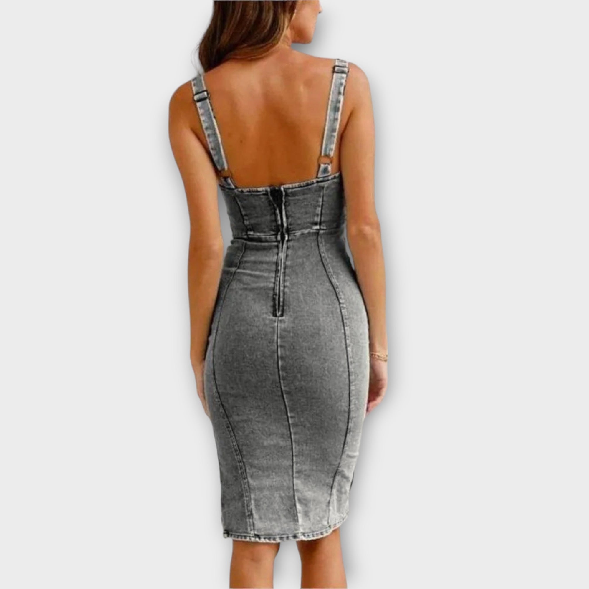 Ella Robe Midi Femme – Robe en Jean Vintage avec Fente Latérale, Bretelles Réglables & Confort Stretch