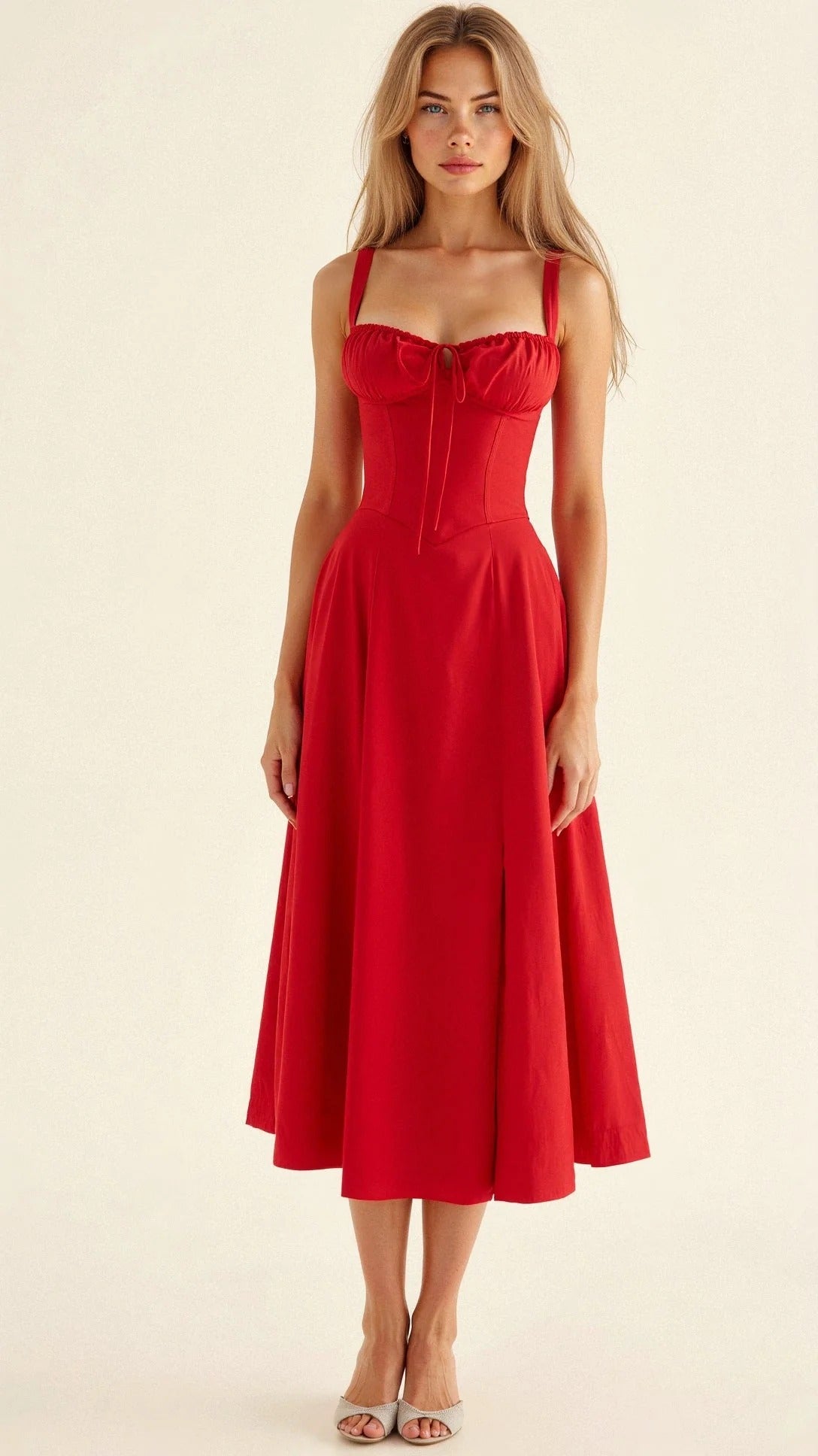 Abito lungo da donna Isabella - Abito senza spalline con schiena allacciata, scollo a cuore e gonna con spacco e tasche