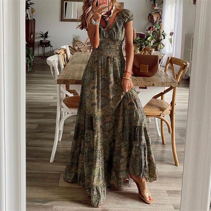 Abito lungo da donna Lilliana - Abito lungo floreale con gonna arricciata ed elegante stile bohémien