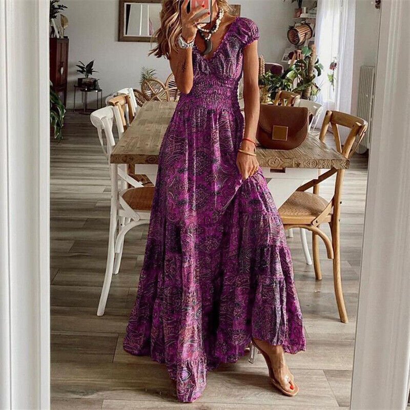 Abito lungo da donna Lilliana - Abito lungo floreale con gonna arricciata ed elegante stile bohémien