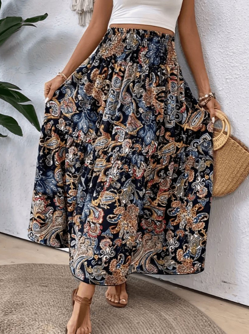 Serenity Jupe Maxi Femme – Jupe Longue Bohème à Coupe Évasée avec Imprimé Nomade